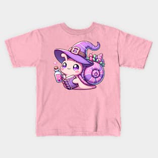 Cute Pink Witch Snail with Spell Book Kids T-Shirt